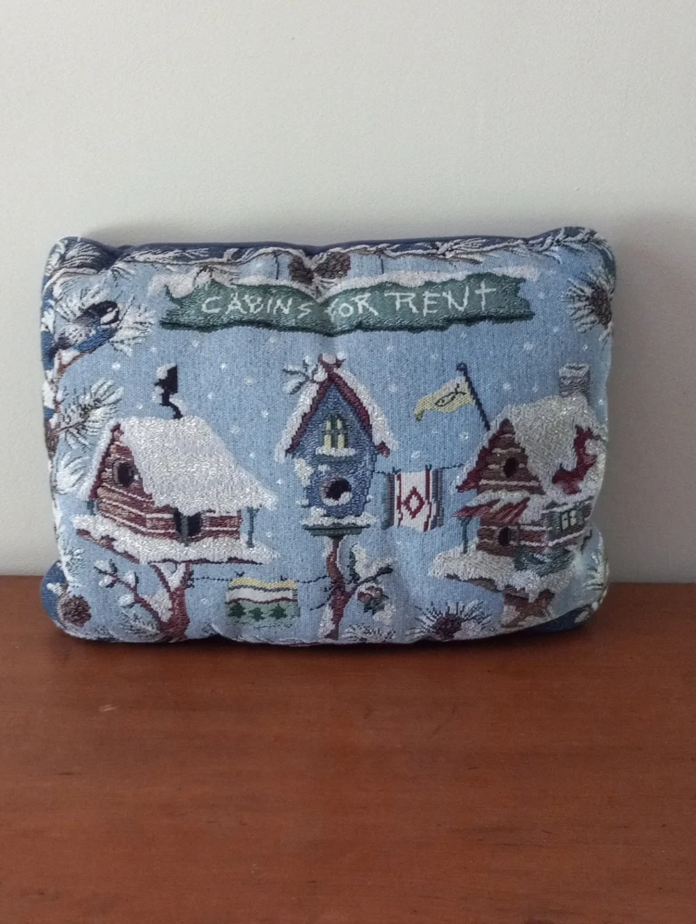 Winter Birdhouse Cabin Tapestry Throw Pillow - Light Blue Snow Scene
